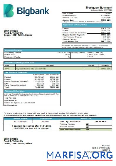 Printable Estonia Bigbank bank mortgage statement scr example